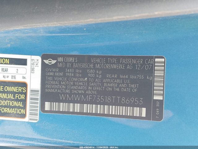 2008 MINI COOPER S WMWMF73518TT86953 Photo 8