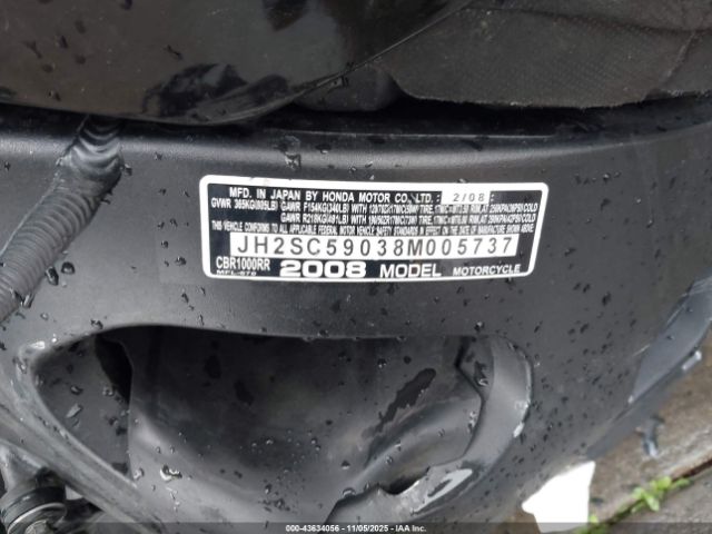 2008 HONDA CBR1000 JH2SC59038M005737 Photo 9