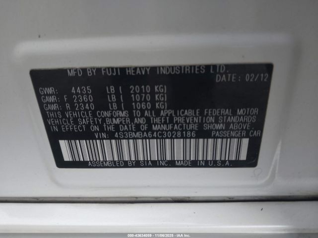 2012 SUBARU LEGACY 4S3BMBA64C3028186 Photo 8