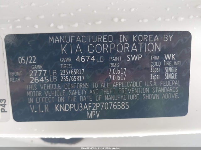 KNDPU3AF2P7076585 KIA Sportage Lx