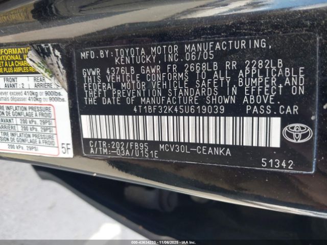 2005 TOYOTA CAMRY 4T1BF32K45U619039 Photo 8