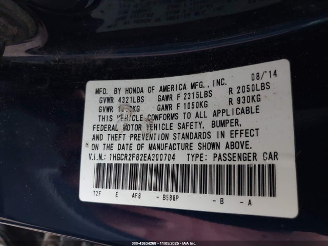 2014 Honda Accord Ex-l მანქანა იყიდება აუქციონზე, vin: 1HGCR2F82EA300704, აუქციონის ნომერი: 43634268