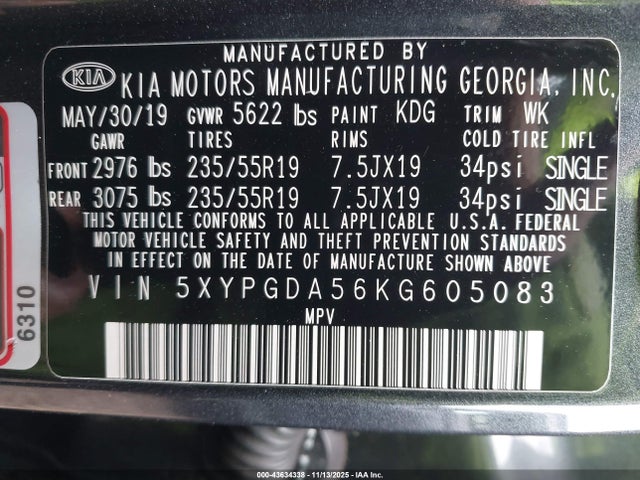 Продаж на аукціоні авто 2019 Kia Sorento 3.3l S, vin: 5XYPGDA56KG605083, номер лоту: 43634338