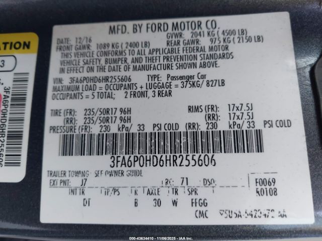 2017 FORD FUSION 3FA6P0HD6HR255606 Photo 8
