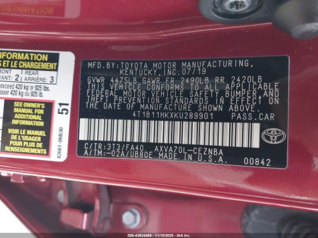 2019 TOYOTA CAMRY 4T1B11HKXKU289901 Photo 8
