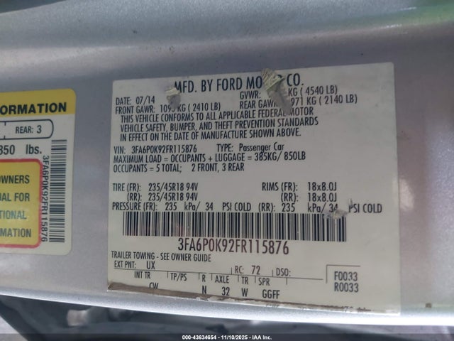 3FA6P0K92FR115876 Ford Fusion Titanium