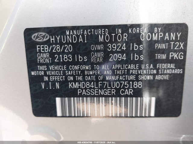 KMHD84LF7LU075188 Hyundai ELANTRA SEL