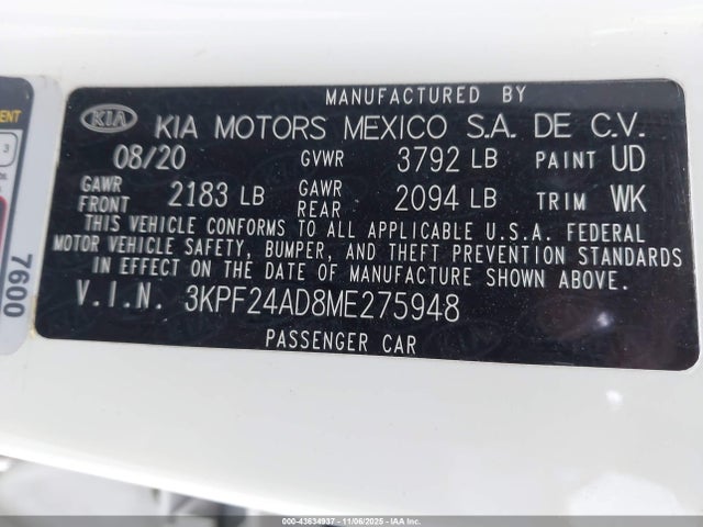 Aukcja sprzedaży 2021 Kia Forte Fe, vin: 3KPF24AD8ME275948, numer aukcji: 43634937