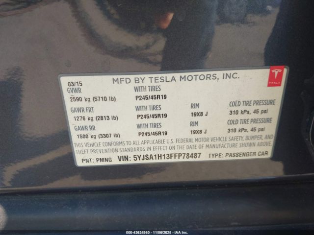 2015 TESLA MODEL S 5YJSA1H13FFP78487 Photo 8
