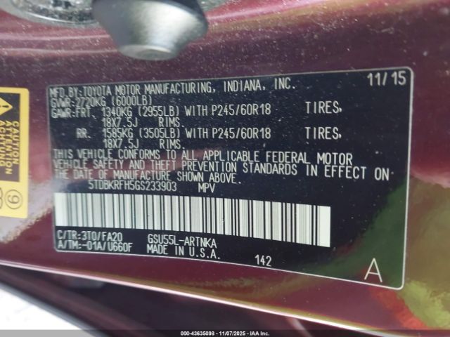 2016 TOYOTA HIGHLANDER 5TDBKRFH5GS233903 Photo 8