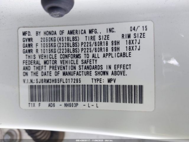 2015 HONDA CR-V 5J6RM3H95FL017295 Photo 8