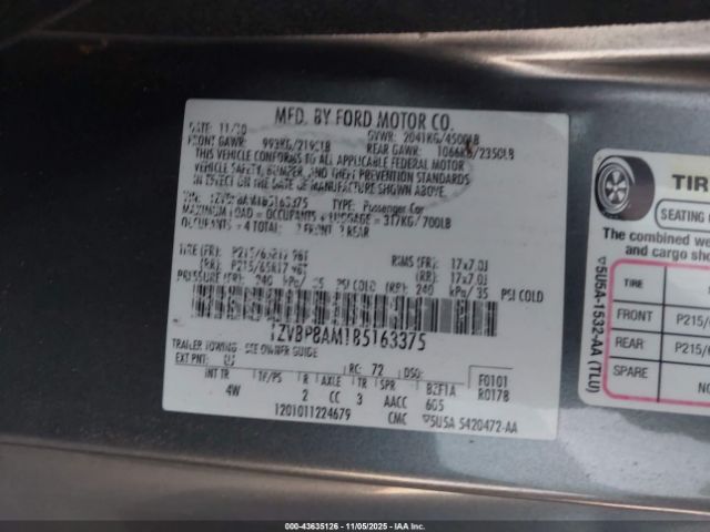 2011 FORD MUSTANG 1ZVBP8AM1B5163375 Photo 8