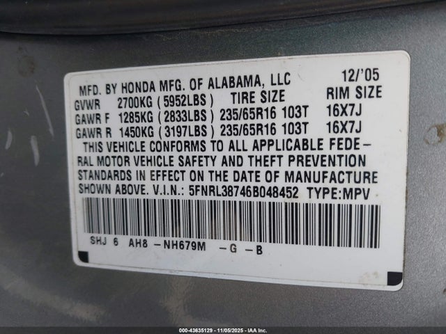 43635129 :رقم المزاد ، 5FNRL38746B048452 vin ، 2006 Honda Odyssey Ex-l مزاد بيع