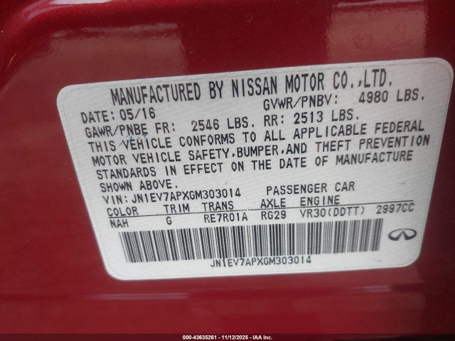Продаж на аукціоні авто 2016 Infiniti Q50 3.0t Premium, vin: JN1EV7APXGM303014, номер лоту: 43635261
