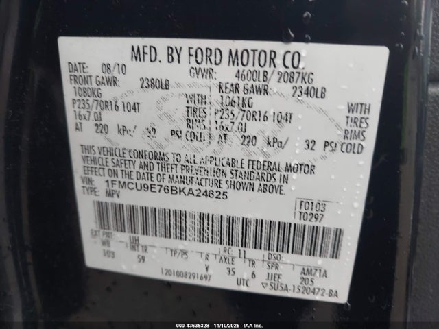 Auction sale of the 2011 Ford Escape Limited, vin: 1FMCU9E76BKA24625, lot number: 43635328