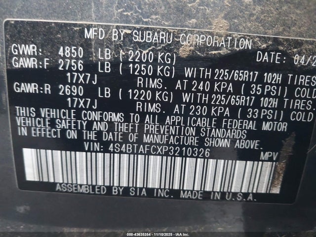 4S4BTAFCXP3210326 Subaru Outback Premium