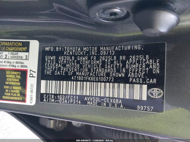 43635472 :رقم المزاد ، 4T1BD1FK6EU100773 vin ، 2014 Toyota Camry Hybrid Xle مزاد بيع