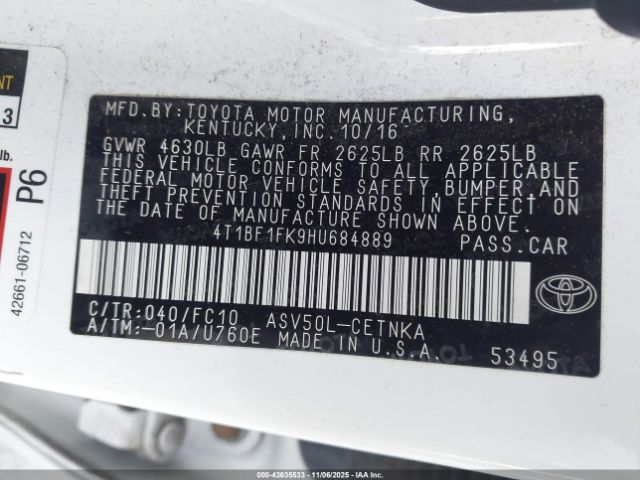2017 TOYOTA CAMRY 4T1BF1FK9HU684889 Photo 8
