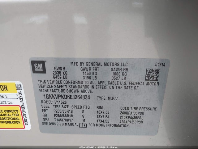 1GKKVPKD6EJ264834 GMC Acadia Sle-2