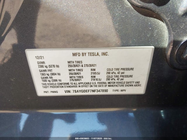 7SAYGDEF7NF347890 Tesla Model Y Performance Dual Motor All-wheel Drive