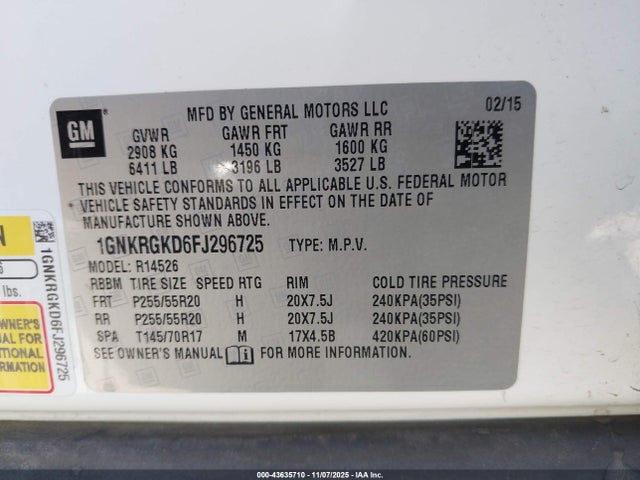 Chevrolet Traverse 1lt 2015 1GNKRGKD6FJ296725 Image 9
