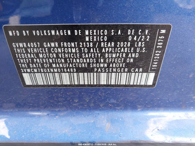3VWCM7BUXNM016489 Volkswagen Jetta 1.5t S