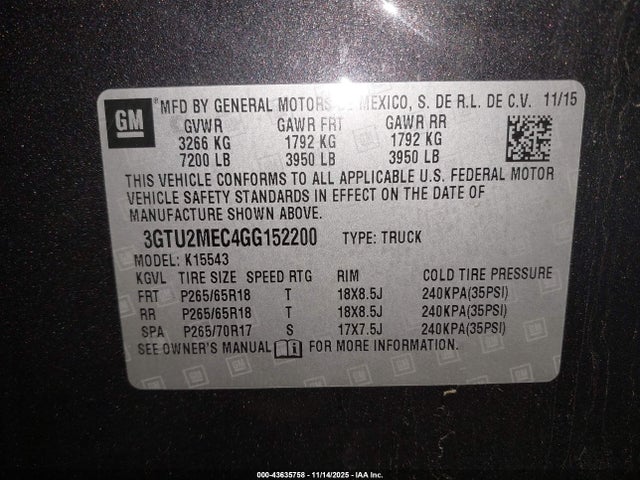 3GTU2MEC4GG152200 GMC Sierra 1500 Sle