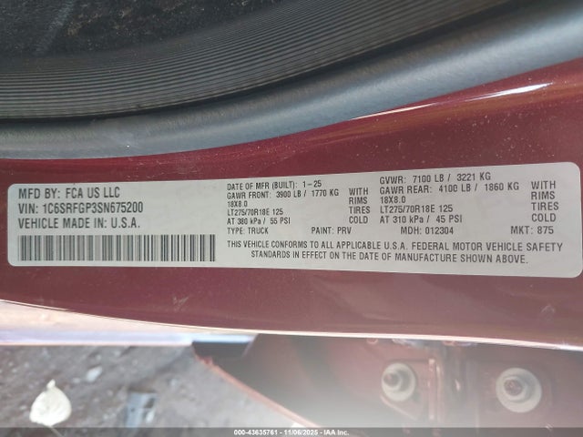 43635761 :رقم المزاد ، 1C6SRFGP3SN675200 vin ، 2025 Ram 1500 Warlock  4x4 5'7 Box مزاد بيع
