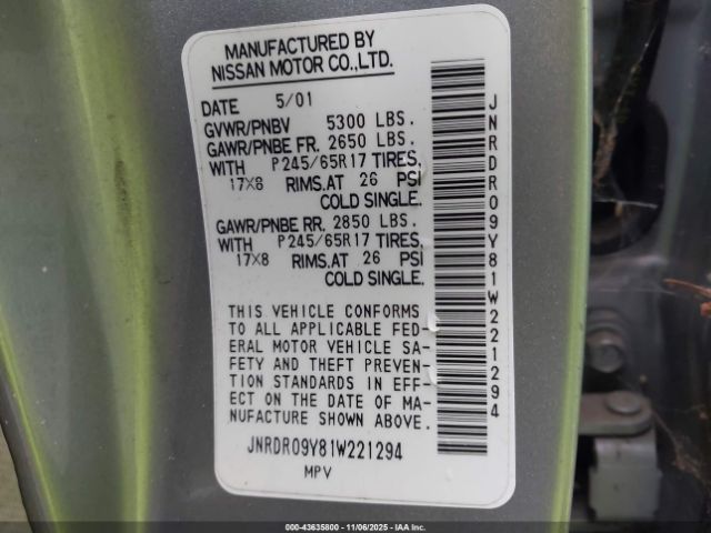 2001 INFINITI QX4 JNRDR09Y81W221294 Photo 8