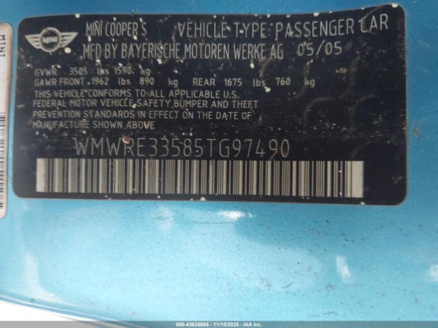 2005 MINI COOPER S WMWRE33585TG97490 Photo 8