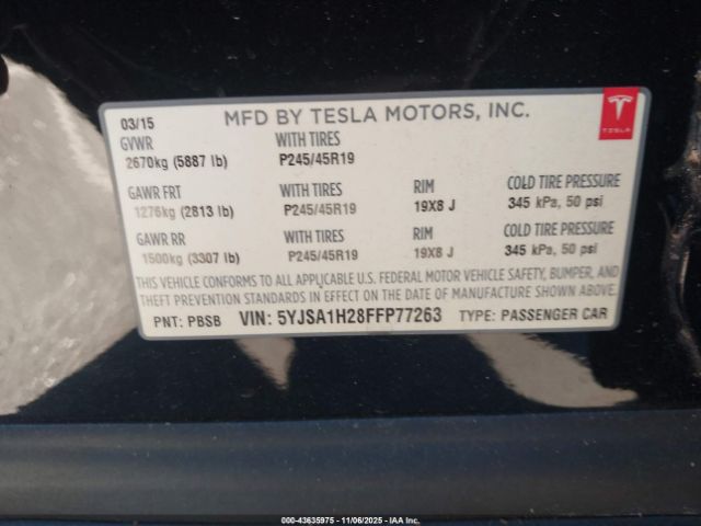 2015 TESLA MODEL S 5YJSA1H28FFP77263 Photo 8