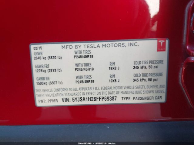 2015 TESLA MODEL S 5YJSA1H28FFP69387 Photo 8