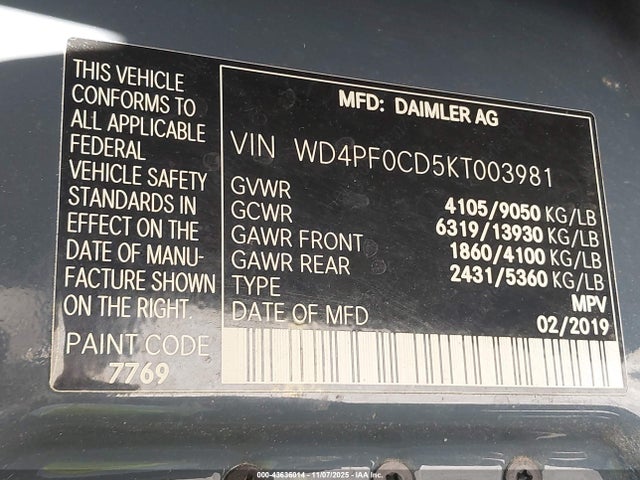 2019 Mercedes-benz Sprinter 2500 Standard Roof V6 მანქანა იყიდება აუქციონზე, vin: WD4PF0CD5KT003981, აუქციონის ნომერი: 43636014