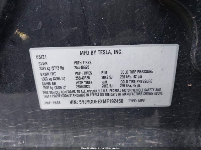 2021 TESLA MODEL Y 5YJYGDEEXMF192450 Photo 8