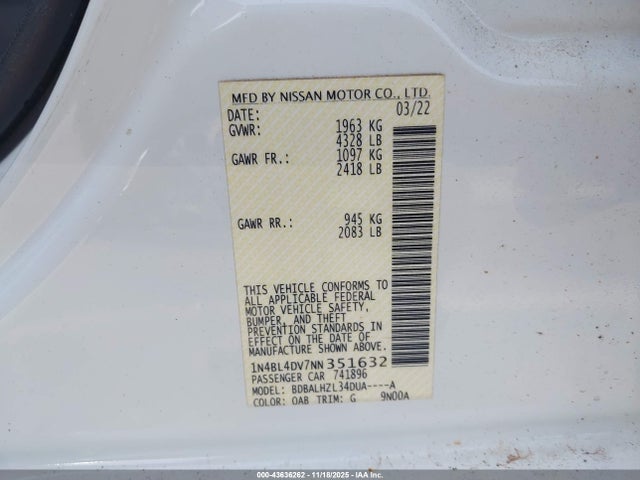 43636262 :رقم المزاد ، 1N4BL4DV7NN351632 vin ، 2022 Nissan Altima Sv Fwd مزاد بيع