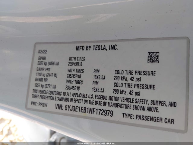 5YJ3E1EB1NF172979 Tesla Model 3 Long Range Dual Motor All-wheel Drive