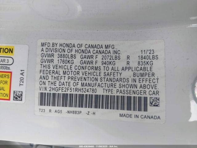 2024 HONDA CIVIC 2HGFE2F51RH524780 Photo 8