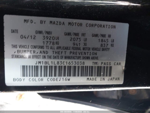 Aukcja sprzedaży 2012 Mazda Mazda3 I Touring, vin: JM1BL1L83C1653038, numer aukcji: 43636586
