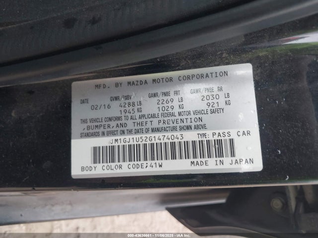 43636661 :رقم المزاد ، JM1GJ1U52G1474043 vin ، 2016 Mazda Mazda6 I Sport مزاد بيع