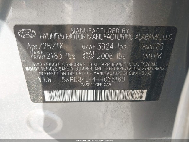 43636703 :رقم المزاد ، 5NPD84LF4HH065160 vin ، 2017 Hyundai Elantra Se مزاد بيع