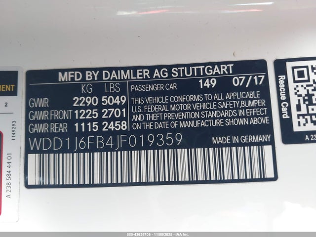 Aukcja sprzedaży 2018 Mercedes-benz E 400, vin: WDD1J6FB4JF019359, numer aukcji: 43636706