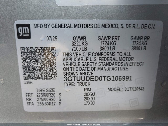Aukcja sprzedaży 2026 Gmc Sierra 1500 , Short Bed, Slt, 4wd, vin: 3GTUUDED0TG106991, numer aukcji: 43636795