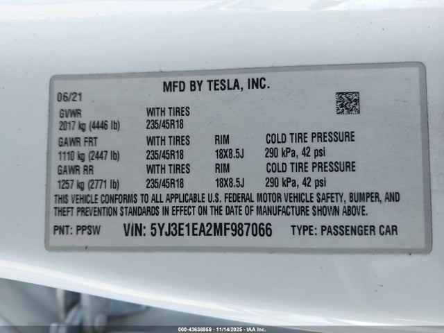 2021 TESLA MODEL 3 5YJ3E1EA2MF987066 Photo 8