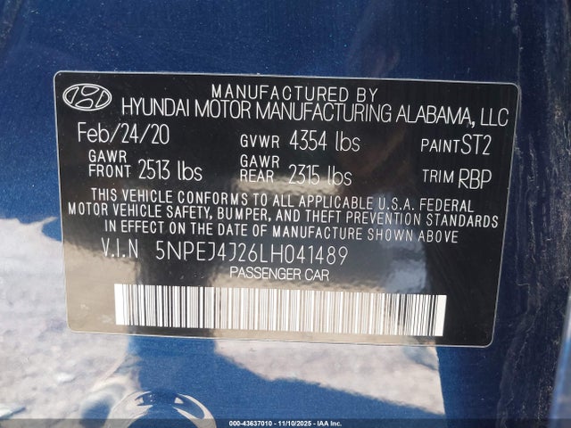 5NPEJ4J26LH041489 Hyundai Sonata Sel Plus