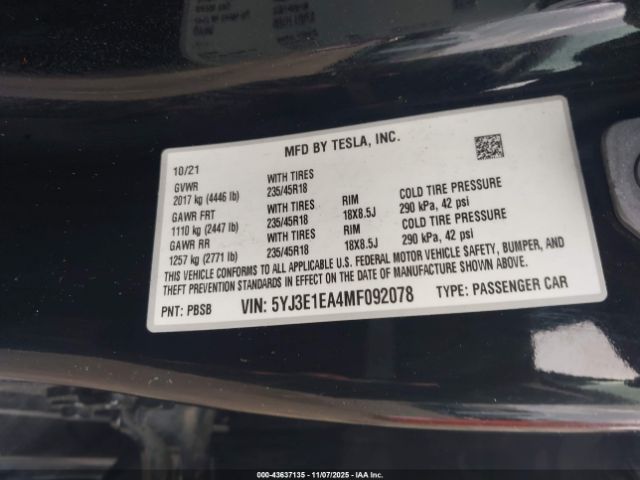 2021 TESLA MODEL 3 5YJ3E1EA4MF092078 Photo 8