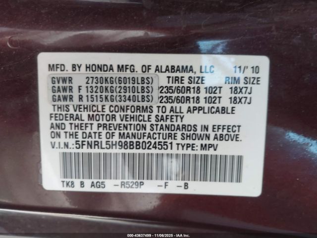 2011 HONDA ODYSSEY 5FNRL5H98BB024551 Photo 8
