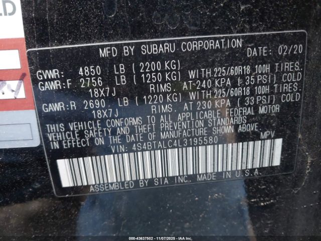 2020 SUBARU OUTBACK 4S4BTALC4L3195580 Photo 8