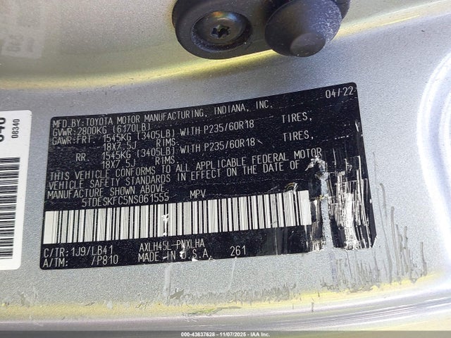 43637628 :رقم المزاد ، 5TDESKFC5NS061555 vin ، 2022 Toyota Sienna Platinum مزاد بيع