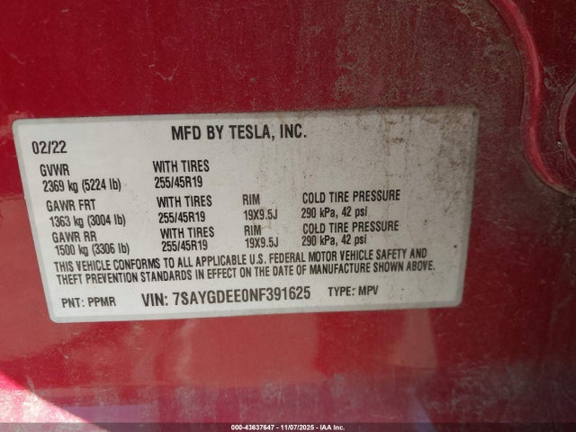 2022 TESLA MODEL Y 7SAYGDEE0NF391625 Photo 8