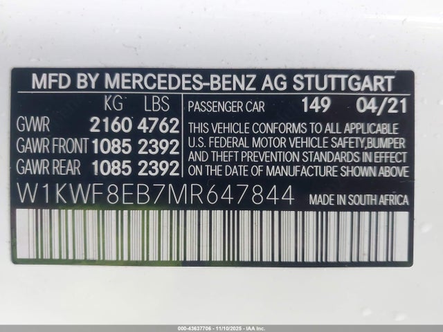 Aukcja sprzedaży 2021 Mercedes-benz C 300 4matic, vin: W1KWF8EB7MR647844, numer aukcji: 43637706